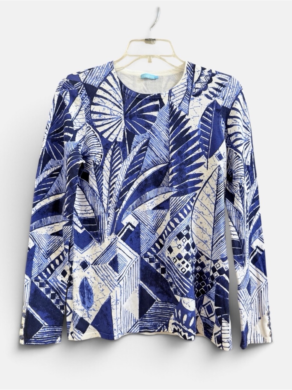 J McLaughlin blue white leaf print crew neck blouse